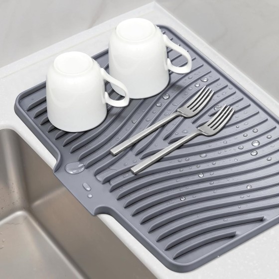 BusBarProtection Silicone Dish Drying Mat, Stone Drying Mat for Kitchen Counter with Built-In Drain, Non-Slip Drain Pad with Built-in Drain, Heat Resistant Stone Drying Mat, Hangable, Grey-1pcs, 16" x 12"