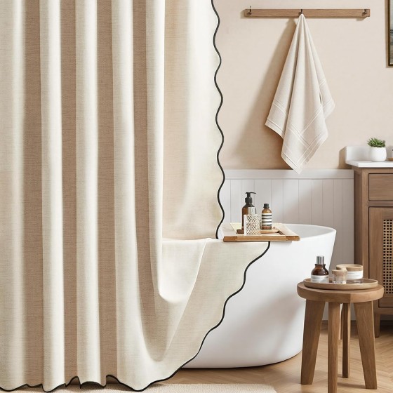 Beige Scalloped Shower Curtain, Boho Linen Textured Heavy Duty Shower Curtain Set with 12 Plastic Hooks, Elegant Decorative Waterproof Fabric Shower Curtains for Bathroom - 72x72 - Cream