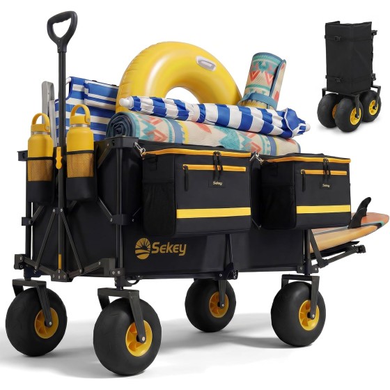 douyinwaimai Heavy Duty Beach Wagon with 9" Big Sand-Proof Wheels, 300L Oversized Foldable Beach Cart with Cooler| Adjustable Handle & Balloon Tires for Sand, Camping,Vacation