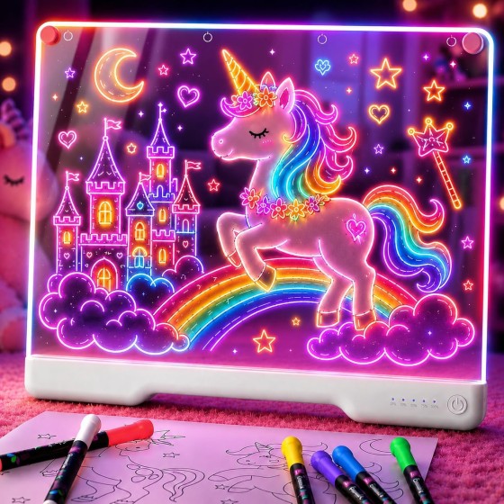 douyinwaimai 16" Rechargeable LED Drawing Board, 9-Color Light Modes, Neon Art Dry Erase Light Up Doodle Glow Pad with Built-in Stand, Sketching Gift Toy for Kids/Girls/Teens, 7 Markers & Tracing Book