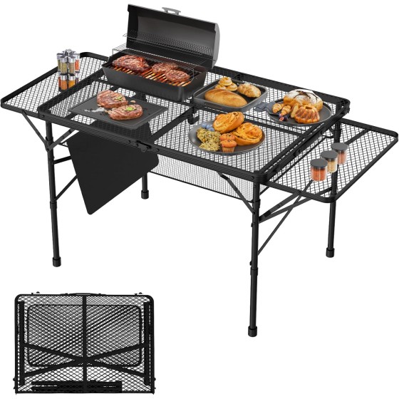 mpdxpk Folding Table with 2 Wing Panels, 3x2 FT Camping Table with Mesh Desktop,Height Adjustable Folding Grill Table with Mesh Bag,Portable Outdoor Table for Picnic,Camping,BBQ,Beach(Black)
