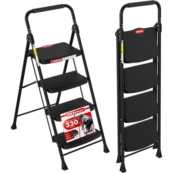 egukga 4 Step Ladder, Step Stool Foldable with Wide Anti-Slip Pedal, Sturdy Steel Ladders for Home Adults Kitchen
