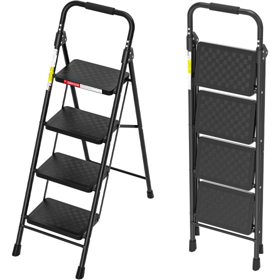 vnlahw 4 Step Ladder with Wide Anti-Slip Pedal and Cushioned Handle | Step Stool Foldable with 330 lbs Capacity for Home and Kitchen, Black