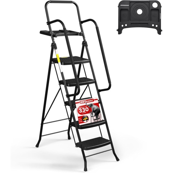 htekzq 5 Step Ladder, Folding Step Stool with Wide Anti-Slip Pedal, Tool Tray & Handrails, 330lbs Capacity for Home and Kitchen, Black