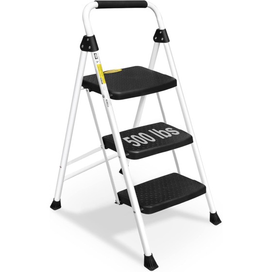hskvhf 3 Step Ladder, Folding Step Stool for Adults with Handle, Lightweight, Perfect for Kitchen& Household, 500lbs Capacity Sturdy Steel Ladder White