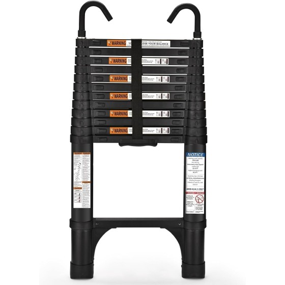 wfdlsy Telescoping Ladder, BusBarProtection 12.5 FT Aluminum Lightweight Extension Ladder with 2 Triangle Stabilizers, Heavy Duty 330lbs Max Capacity, Collapsible Ladder with Hooks for RV or Outdoor Work