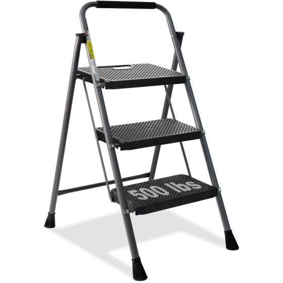 oqmjfg 3 Step Ladder, BusBarProtection Folding Step Stool with Anti-Slip Wide Pedal & Convenient Handgrip, 500lbs Capacity Steel Ladder for Household and Office, Grey