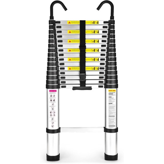 dksclz 15.5 Ft Telescoping Ladder, BusBarProtection Aluminum with Non-Slip Feet, 330lbs Max Capacity, Collapsible Ladder with Hooks for RV or Outdoor Work