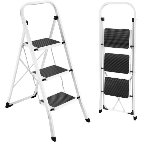 eutwgd Step Ladder Folding Step Stool for Adults | 3 Step Ladder with Anti-Slip Pedal, 330 lbs Capacity for Kitchen, Home, White