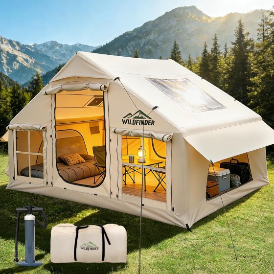 psqgkq Inflatable Tent with Skylight, Quick Setup Blow Up Tents with Pump, Hot Tent with Stove Jack, Waterproof Oxford Inflatable House for Camping, Air Glamping Tents for Camping Adult